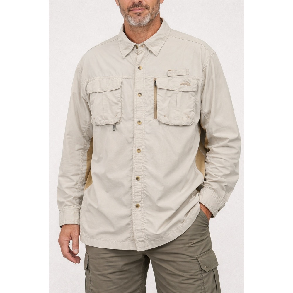 Natural Gear Mens XL Tan Long Sleeve Fishing Shirt Utility Hiking Gorpcore- Flaw